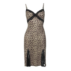 Lace hem patchwork leopard print cami mini dress