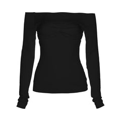Mesh solid off shoulder ruched long sleeve top - Final Sale-final-sale