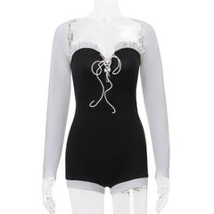 Long sleeve lace up shrug ribbed contrast 2 piece romper-final-sale