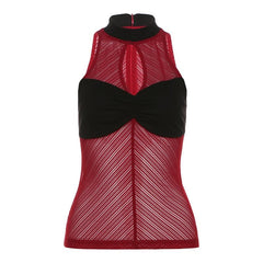 High neck ruched hollow out mesh zip-up tank cut out top