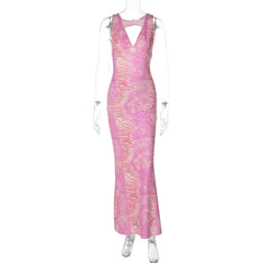 Sleeveless v neck print backless maxi dress