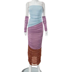 Mesh ruched contrast patchwork off shoulder maxi tube dress-final-sale