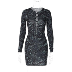 Ripple contrast long sleeve hollow out crewneck cut out mini dress-final-sale