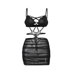 Cross front butterfly mesh hollow out cami cut out mini dress
