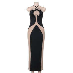 Halter self tie mesh patchwork backless maxi dress