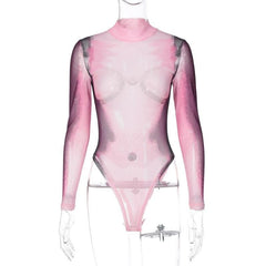Sheer mesh see through body print high neck long sleeve bodysuit-final-sale