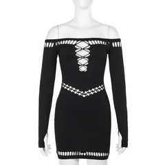 Off shoulder long sleeve gloves hollow out cut out mini dress
