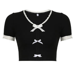 Short sleeve ruffle ruched bowknot ribbed top