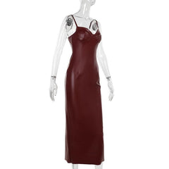 V neck slit zip-up PU leather backless cami midi dress