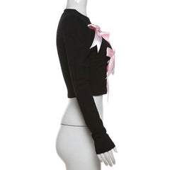 Long sleeve bowknot crewneck applique crop top