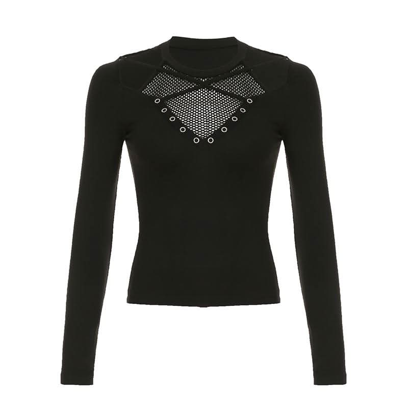 Long sleeve cross front hollow out fishnet patchwork cut out top