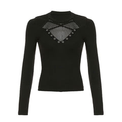 Long sleeve cross front hollow out fishnet patchwork cut out top