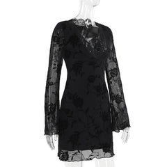 V neck long sleeve flower pattern mesh mini dress
