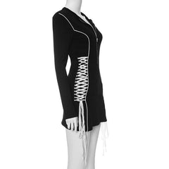 Crewneck long sleeve zip-up lace up contrast mini dress-final-sale