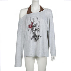 Halter off shoulder long sleeve abstract print top
