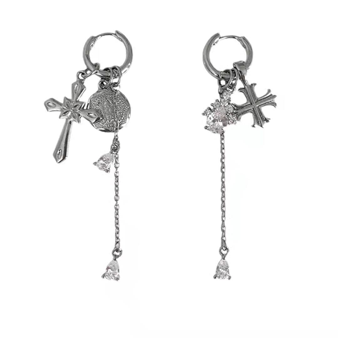 Cross pendant metal chain drop earrings