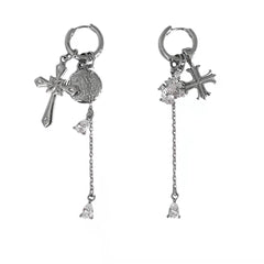 Cross pendant metal chain drop earrings