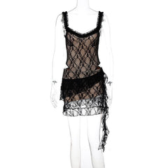 Lace ruffle ruched hollow out cami cut out mini dress