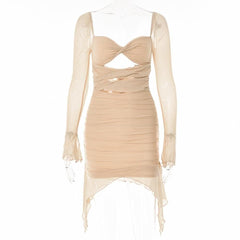 Long sleeve solid hollow out slit mesh ruched zip-up backless cut out mini dress-final-sale