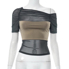 Mesh contrast patchwork short sleeve off shoulder ruched top-final-sale