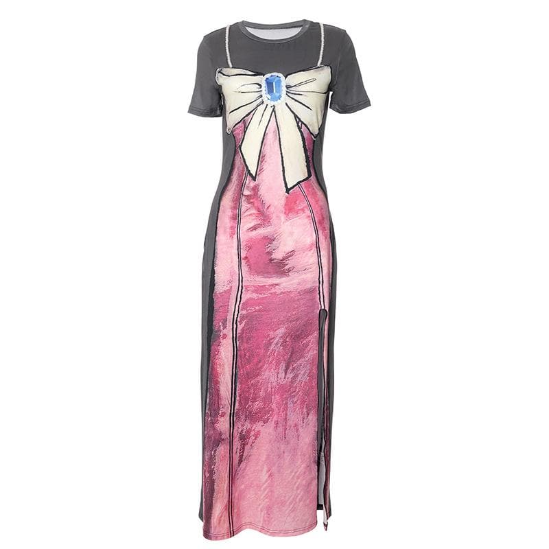 Short sleeve body print high slit maxi dress