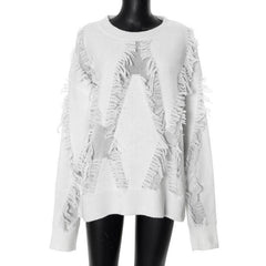 Long sleeve crewneck tassels knitted top