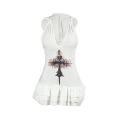 V neck hoodie ruched cross print mini dress