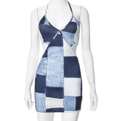 Halter patchwork denim hollow out cut out mini dress-final-sale