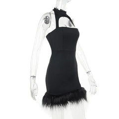 Hollow out halter fluffy backless button solid cut out mini dress-final-sale