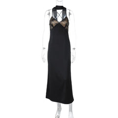 Lace hem v neck zip-up cross back cami maxi dress