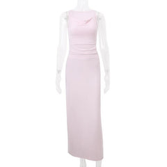 Cowl neck ruched solid tank maxi dress-final-sale