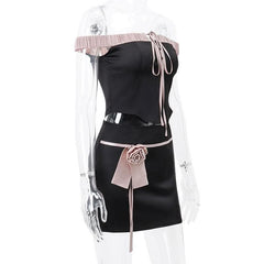 Off shoulder self tie flower applique zip-up button mini skirt set-final-sale