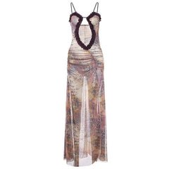 Sheer mesh hollow out ruched high slit cami cut out maxi dress