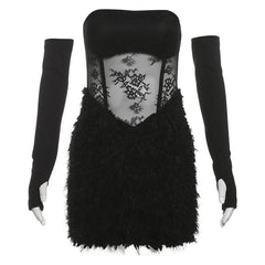 Fluffy flower print gloves backless tube mini dress