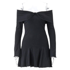 Long sleeve ruffle off shoulder solid ruched mini dress-final-sale