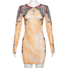 Long sleeve crewneck print sheer mesh mini dress