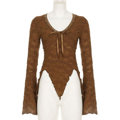 Long flared sleeve textured lace hem ruffle top