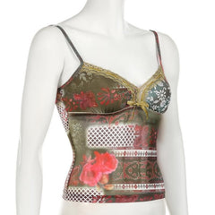 Bowknot v neck print mesh lace cami top