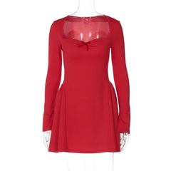 Long sleeve bowknot solid ruched mini dress