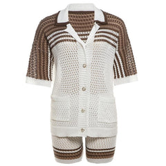 Turnover collar short sleeve button hollow out pant set