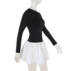 Long sleeve crewneck patchwork mini dress
