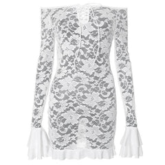 Long flared sleeve lace up lace see through mini dress-final-sale