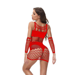 Crewneck fishnet hollow out gloves tank cut out mini dress