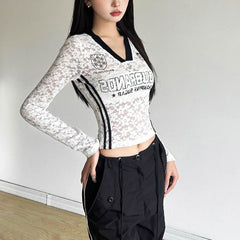 V neck long sleeve lace letter print see through top