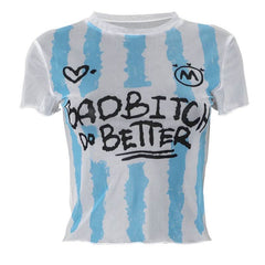 Short sleeve crewneck sheer mesh letter print crop top