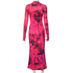 Tie dye gloves long sleeve contrast high neck midi dress - Final Sale