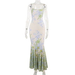 U neck flower print contrast cami maxi dress
