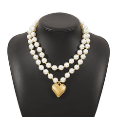 Heart pendant layered faux pearl necklace