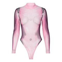 Sheer mesh see through body print high neck long sleeve bodysuit-final-sale