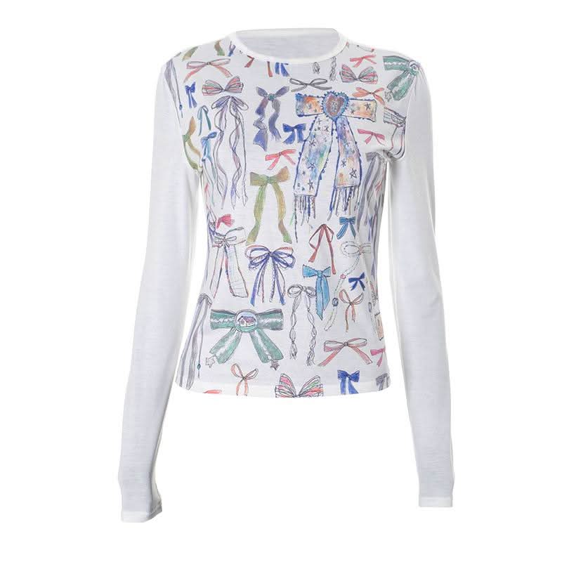 Crewneck long sleeve bowknot print contrast top